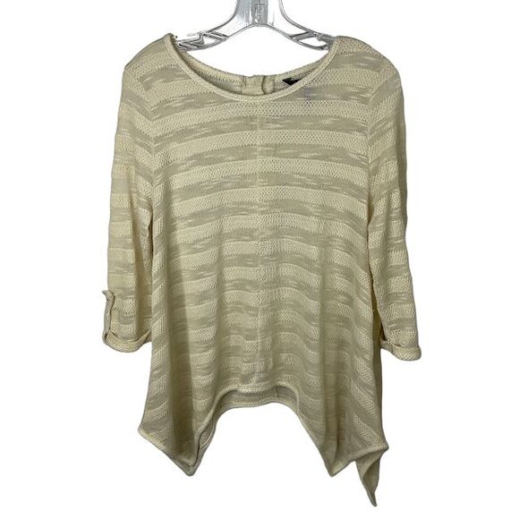 BCBG Maxazria XL Tunic Blouse Shirt Ivory Gold Button 3/4 Sleeve Semi Sheer - Picture 2 of 7